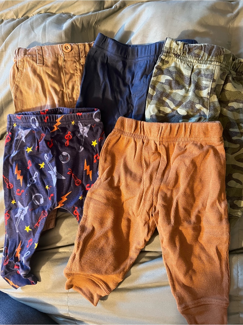 5-Piece infants Pants Set - Navy, Rust, Camo & Music Print